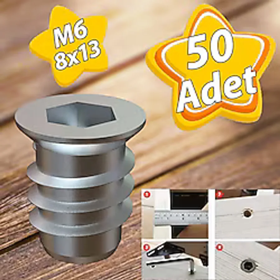 Metal Düz Dişli Dübel Ahşap Dübeli M6 8X13 Diş Çinko Mobilya Bağlantı Ünite Birleştirme (50 Adet)