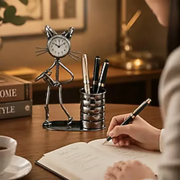 Metal Kedi Tasarımlı Masa Saati Kalemlik - Dekoratif Ofis Masaüstü Organizer