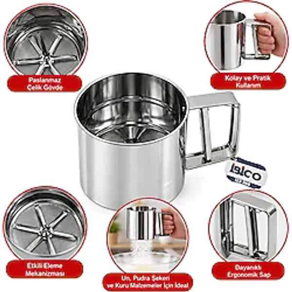 Metal Pratik Çevirmeli Un Eleği, Paslanmaz Çelik, Gümüş Rengi, Max 250gr, Mutfak Gereçleri
