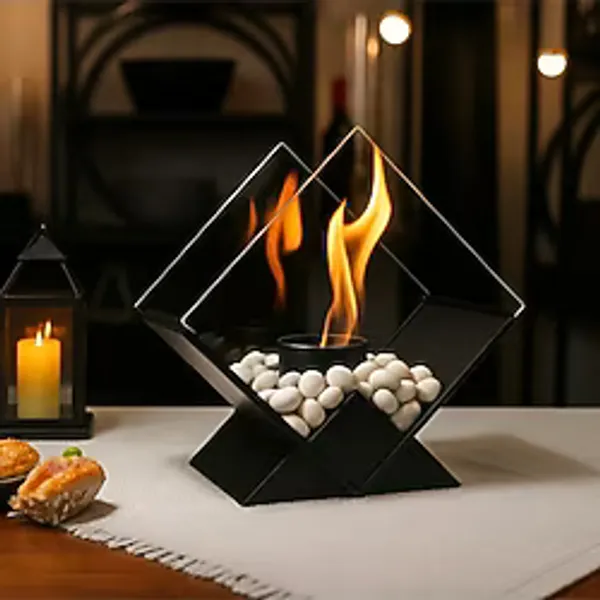 Metal Siyah Renk Modern Masa Üstü Şömine Sertifikalı Yakıt ve Dekoratif Taş Hediyeli
