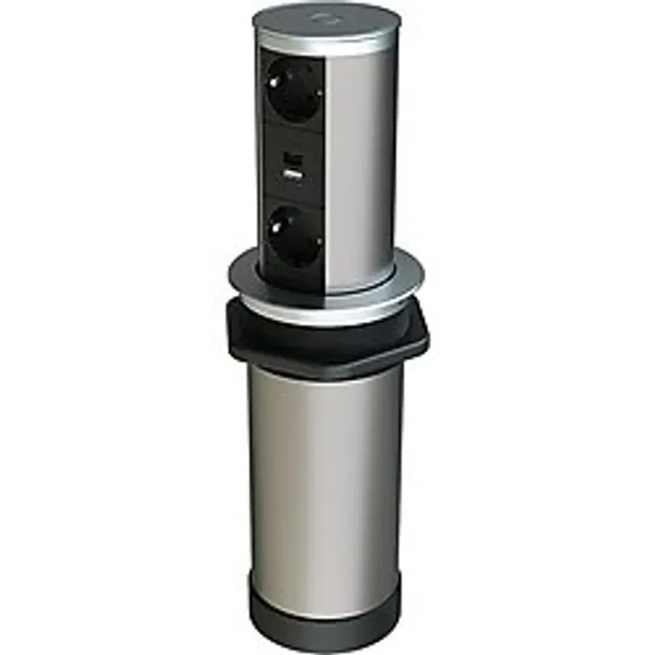 Metalline Tower-Line Bas-Aç Masaüstü Priz Kutusu USB-A , USB-C - Gümüş