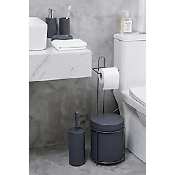 metalshop 6 Parça Banyo Seti Metal Stantlı Çöp Kovalı Wc Kağıtlık Ve Tuvalet Fırçası Katı - Sıvı Sabunlu