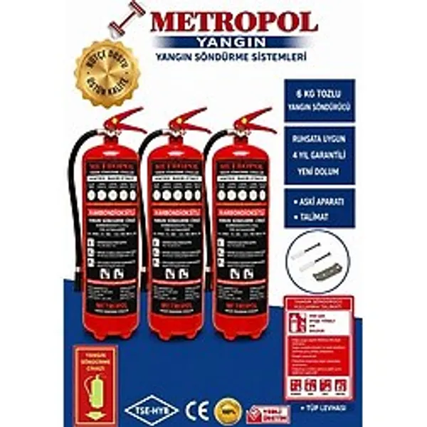 Metropol 6 Kg Tozlu Üç Adet Yangın Söndürme Cihazı, Yangın Tüpü, Yangın Söndürücü, Yangın Söndürme Cihazları, Yangın Malzemeleri