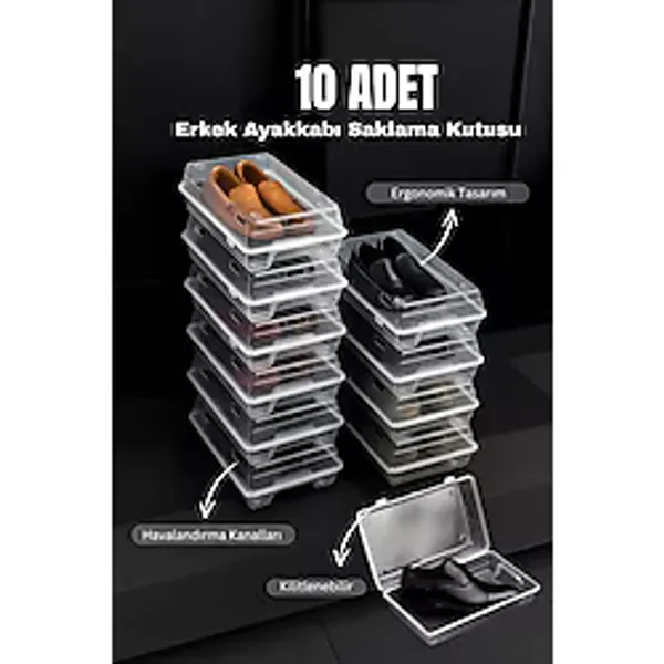 Metsar Home 10'lu Şeffaf Erkek Ayakkabı Saklama Kutusu - Hava Delikli, Istiflenebilir Organizer