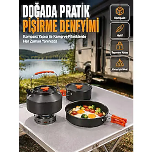 Mey İthalat Alüminyum Kamp Pişirme Seti Katlanabilir Kulplu Çaydanlık Tencere Tava Outdoor Yemek Se