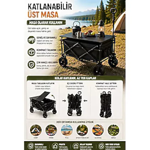 Mey İthalat Katlanabilir Kamp Arabası Üst Tablalı 130 Kg Taşıma Kapasiteli Geniş Tekerlekli Çekçek