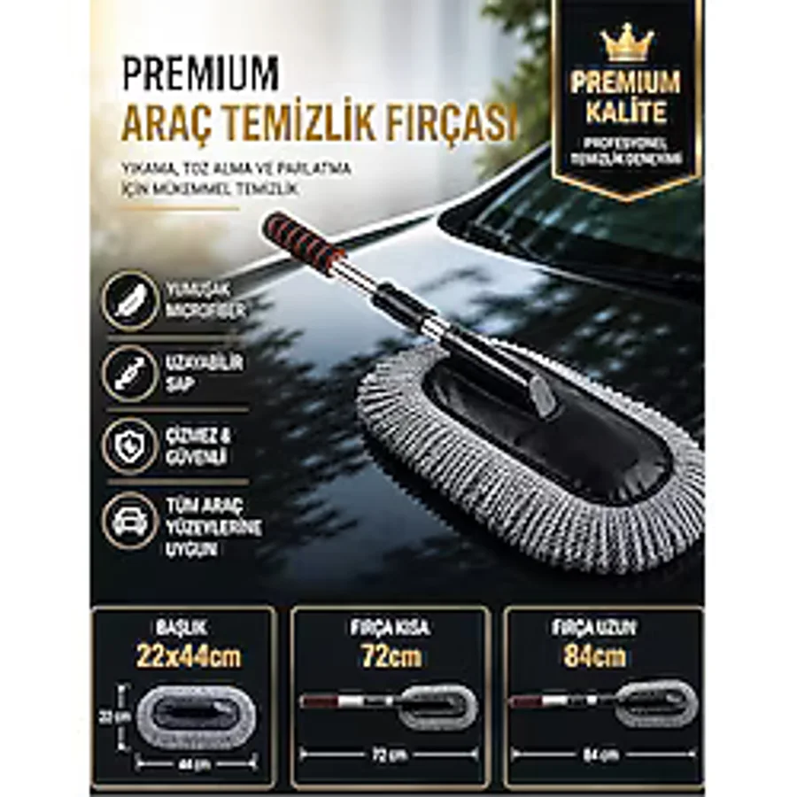 Meyzone Premium Çok Fonksiyonlu Mikrofiber Araba Yıkama ve Toz Alma Fırçası Teleskopik Uzun Saplı Detay Fırçası Oto Mopu