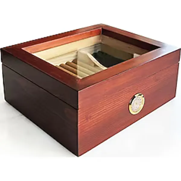 Mezmob Masif Yerli Sedir Ağacı Humidor Puro Kutusu Camlı 2 Bölmeli Analog