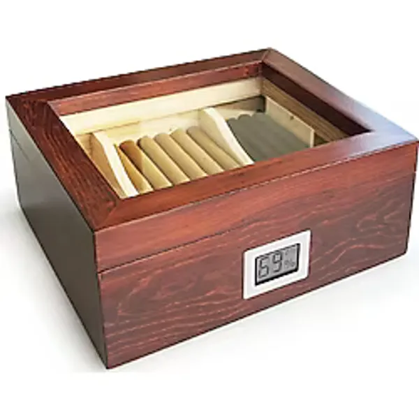 Mezmob Masif Yerli Sedir Ağacı Humidor Puro Kutusu Camlı 2 Bölmeli Dijital