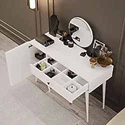 Mezza 2240 LOVE AYNALI (AHŞAP AYAKLI) MDF PROFİL ÇERÇEVELİ ÇEKMECELİ - KAPAKLI 120 CM MAKYAJ MASASI BEYAZ
