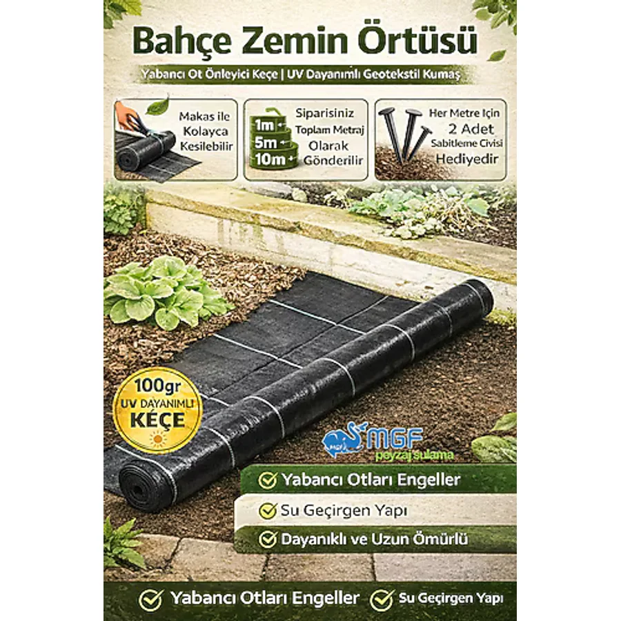 MGF PLAST 1mt X 5 Mt. Kumaş Sera Taban Yabani Ot Örtüsü Jüt Peyzaj Uygulama Yer Malç Naylonu