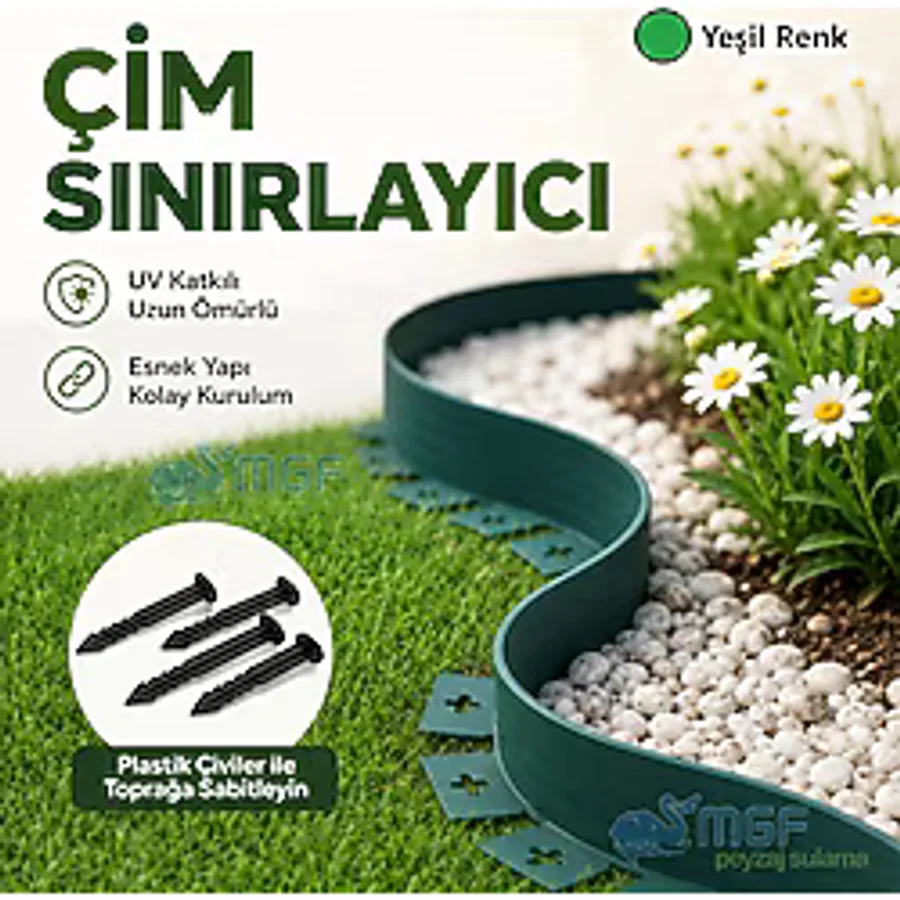 Mgf Plast Mgf YEŞİL Çim Ayırıcı Esnek Çim Sınırlayıcı Peyzaj Bordürü Taş Toprak Ayırma Bariyeri + Sabitleme Çivili - 1 x 5 m