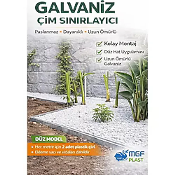 Mgf Plast Sert Düz Metal Galvaniz Çim Ayırıcı 10 Mt (2MTX5AD.) Çim Sınırlayıcı Çim Ayracı Çim Seperatör Bordür - 1O Metre