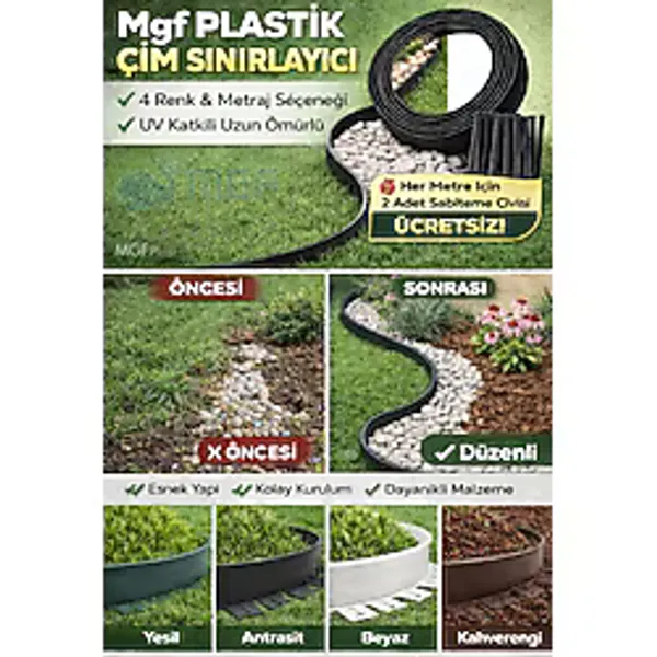 Mgf Plastik KAHVE Çim Ayırıcı Esnek Çim Sınırlayıcı Peyzaj Bordürü Taş Toprak Ayırma Bariyeri + Sabitleme Çivili - 1 x 25 m
