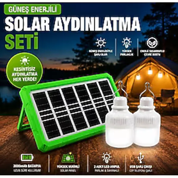 Micron Güneş Enerjili Solar Aydınlatma Seti- 2 LED Ampullü USB Çıkışlı Kamp Lambası