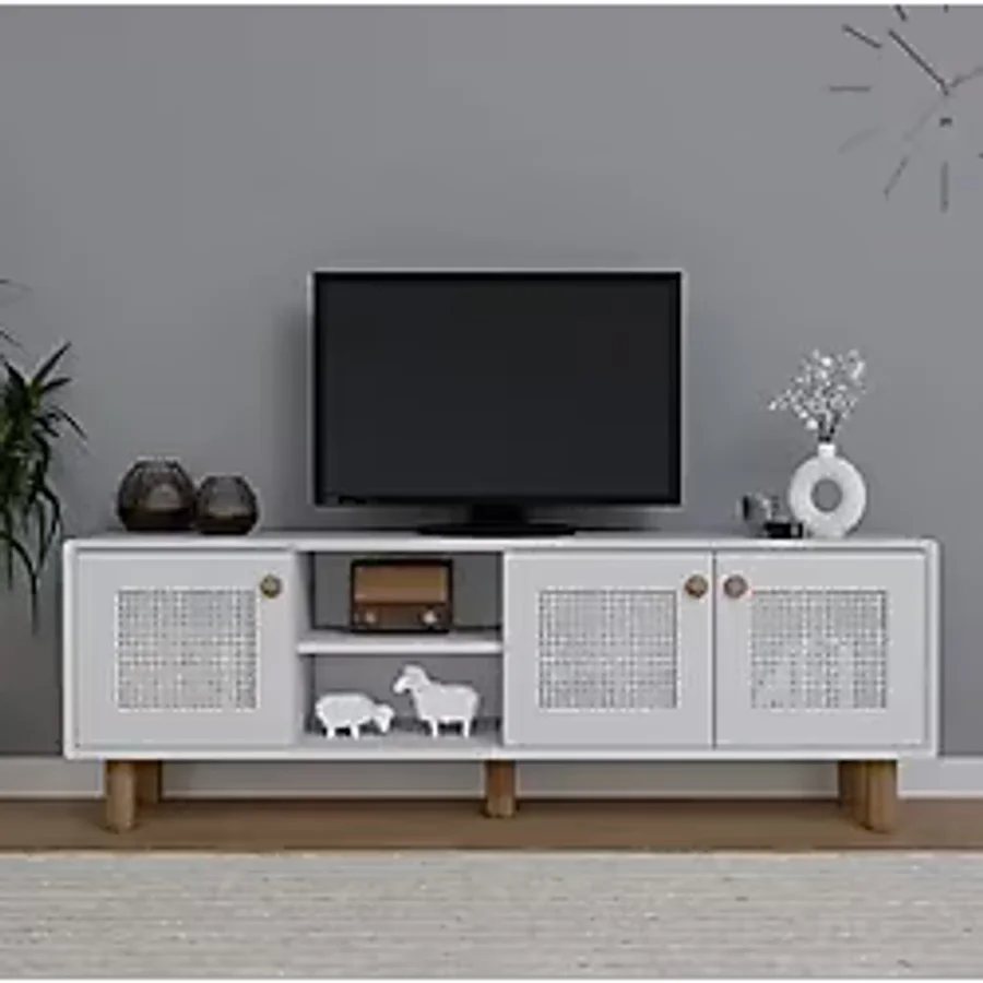 midoser Bohem Serisi Natura Mat Beyaz Pvc Hasır Desen Tv Ünitesi