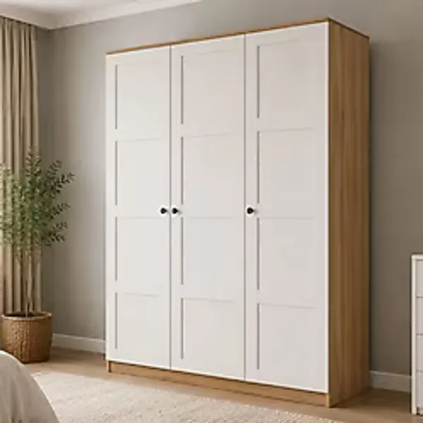 Midoser Loren 3 Kapaklı, 6 Raf Bölmeli, Askılıklı Geniş Elbise Dolabı, Gardırop - Beyaz Ceviz