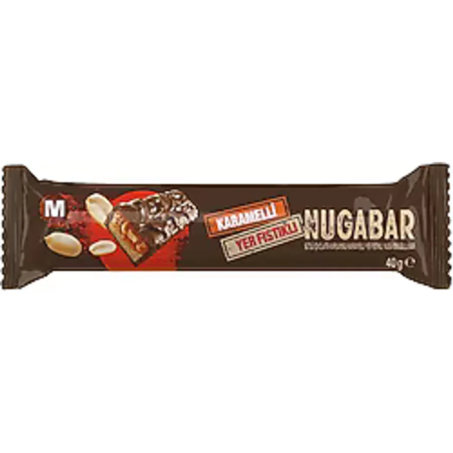 Migros Sütlü Çikolata Kaplı Karamelli Yer Fıstıklı Nuga Dolgulu Bar 40 gr