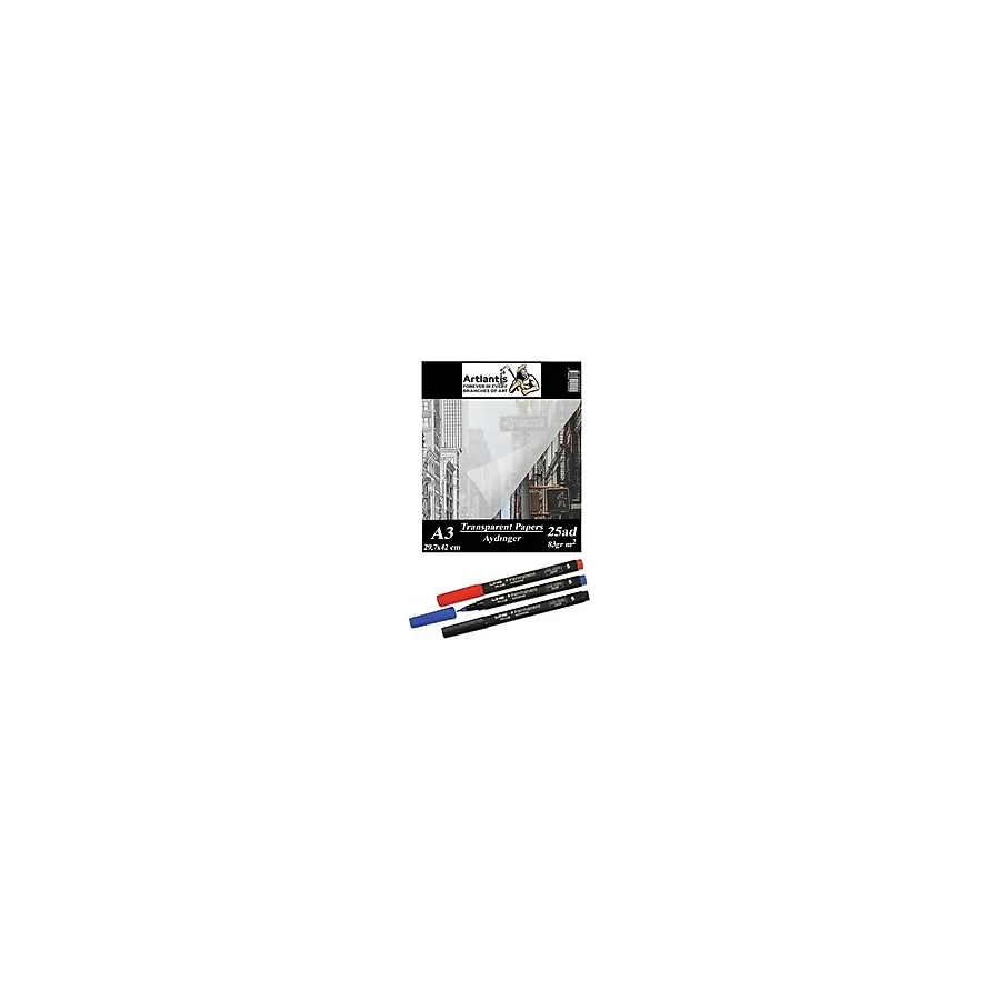 Mikasso Aydınger Kağıdı A3 83 gr 25'li 1 Paket Eskiz Kağıdı Lineplus Asetat Kalemi S 0.3 Siyah Kırmızı Mavi - Çok Renkli