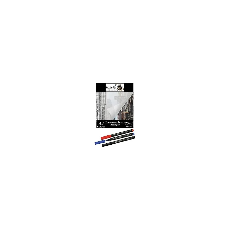 Mikasso Aydınger Kağıdı A4 83 gr 25'li 1 Paket Eskiz Kağıdı Lineplus Asetat Kalemi S 0.3 Siyah Kırmızı Mavi - Çok Renkli