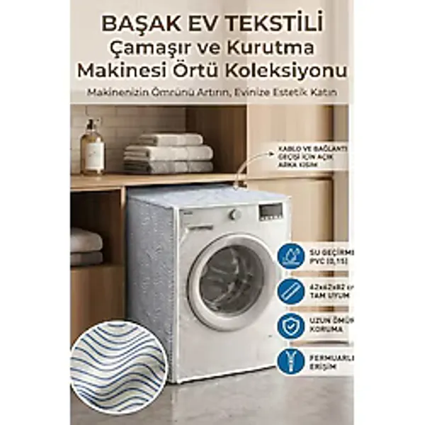 Mikasso Şeffaf Kapaklı Mavi Dalga Desenli Pvc Çamaşır ve Kurutma Makinesi Örtüsü - Şeffaf Kapaklı, Kumaş Dok - Çok Renkli