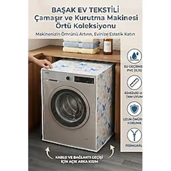 Mikasso Şeffaf Kapaklı Pvc Çamaşır ve Kurutma Makinesi Örtüsü - Şeffaf Kapaklı, Kumaş Dokulu, Su Geçirmez Pl - Çok Renkli