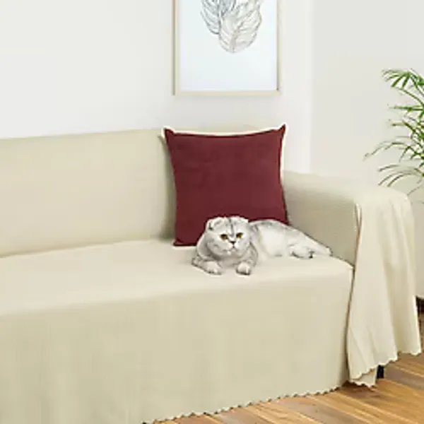 Mikrofiber Şönil Fitilli Minimalist Koltuk Örtüsü -175x350 Cm Xlarge, Çift Taraflı, Kaymaz, Terletmez Krem krem
