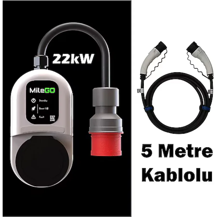 Milego 22 kW T2 Soketli Elektrikli Araç Şarj İstasyonu + 5 m Kablo