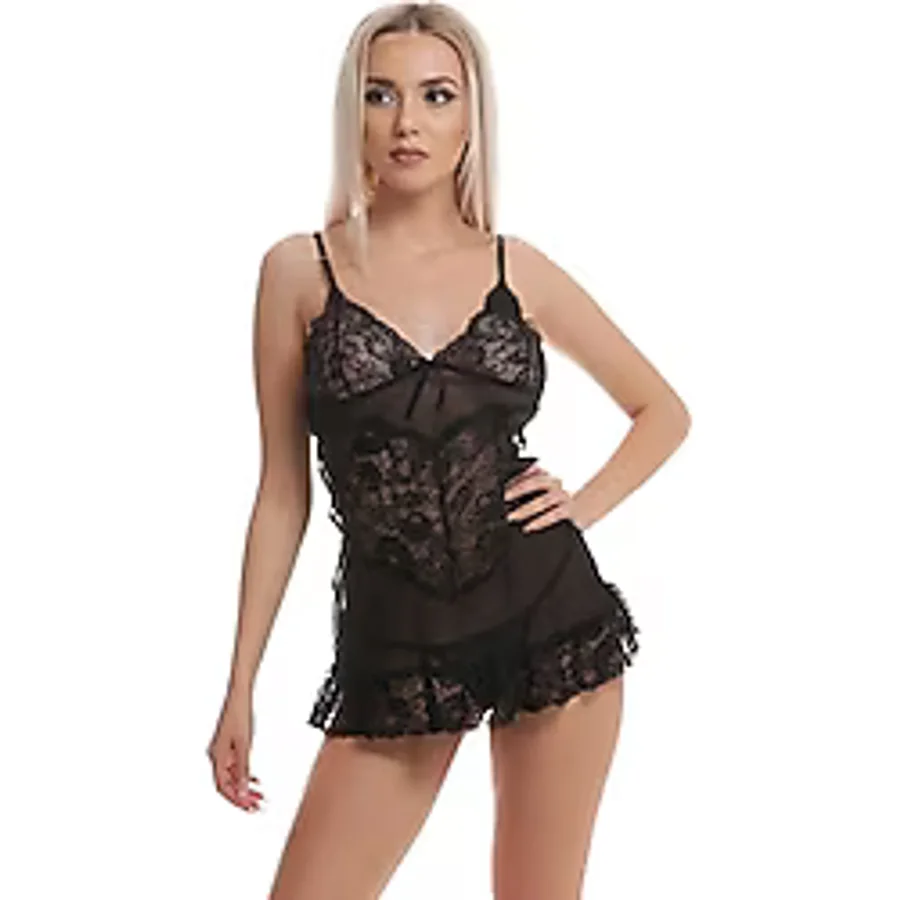 Mimmi Love Dantelli Seksi Gecelik, V Yaka, Halter Bağlamalı, Dantel Detaylı, Siyah ve Kırmızı (Siyah, L)