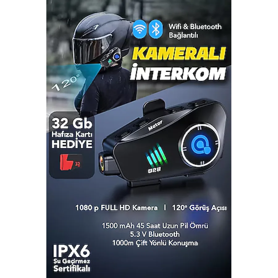 mimtec 1000m Kameralı İnterkom - Bluetooth 5.3 Su Geçirmez Motosiklet Kask Kulaklık 32 GB Hafıza Kartı