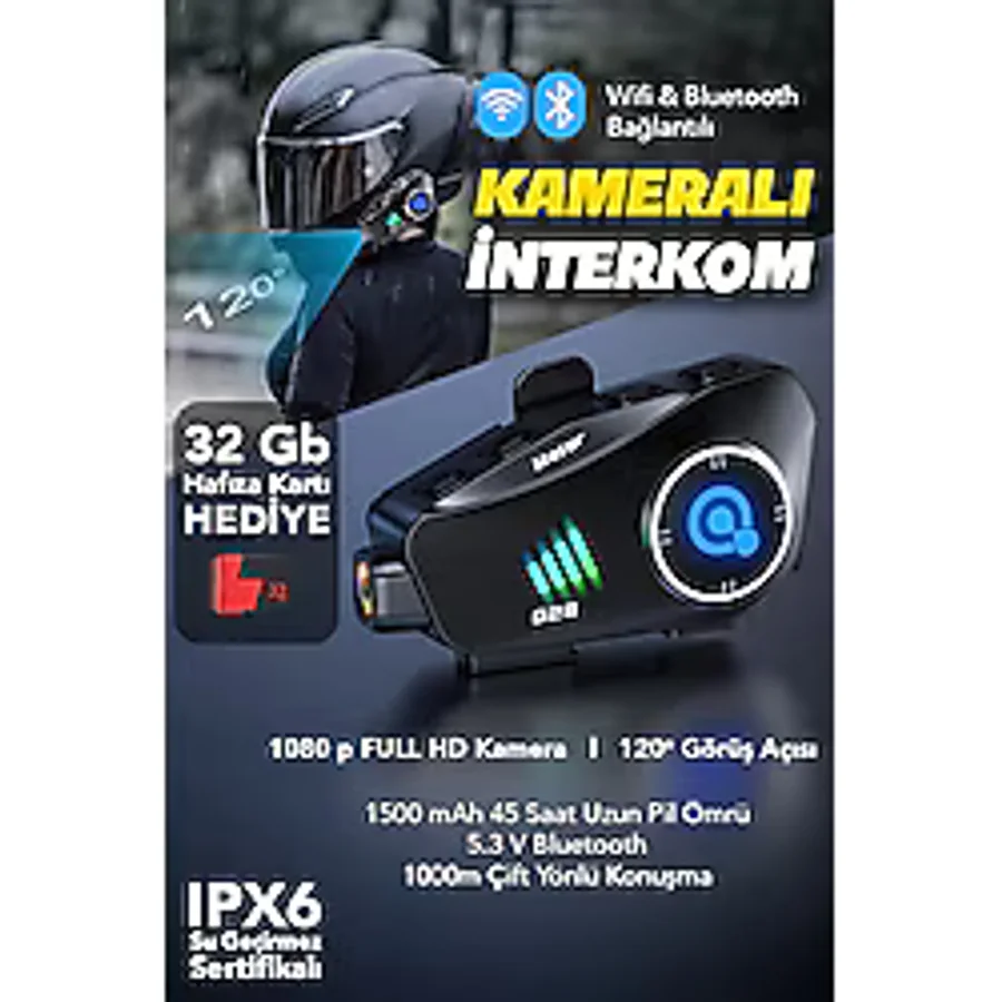 mimtec 1000m Kameralı İnterkom - Bluetooth 5.3 Su Geçirmez Motosiklet Kask Kulaklık 32 GB Hafıza Kartı