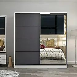 Minar Mobilya Minar Kale 2 Kapaklı Aynalı Sürgülü Dolap 180 Cm - Beyaz/ Antrasit 190CM 190 cm