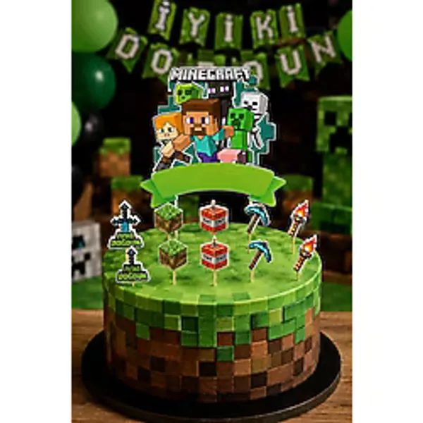 Minecraft Pasta Süsü Seti Büyük Figür ve 10'lu Kürdan Dekoru Doğum Günü Süsü