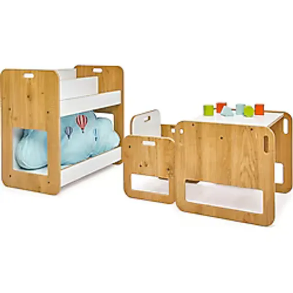 Minera 0-18 Ay Serçe Model Çocuk Çalışma Oyun Masa Sandalye ve Kitaplık Seti - Naturel Ahşap