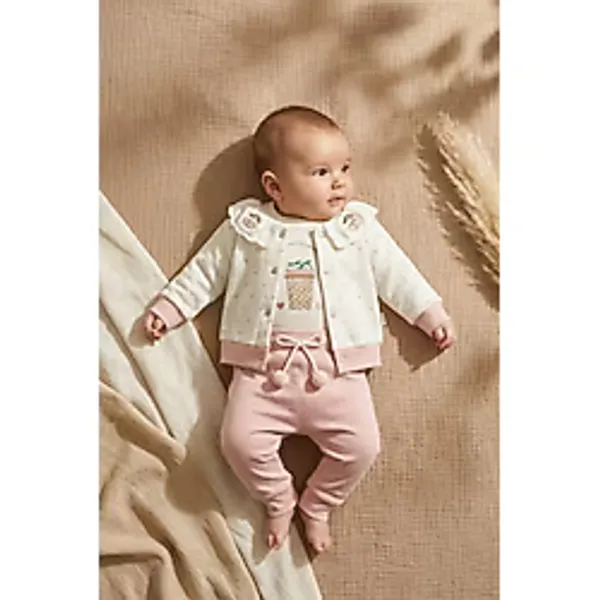 Mini Cayzen Baby Mia Cherry Bebek Takımı - 3'lü Pamuklu Kiraz Nakışlı Puantiyeli Hırka, Body ve Pantolon Seti - Pudra Pembe - 0 - 3 Ay