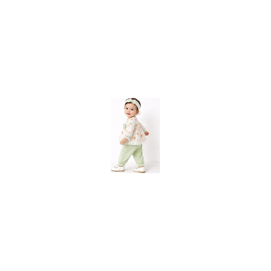 Mini Kanka Çiçek Desenli Fırfırlı Kız Bebek 3'lü Takım - Fiyonklu Bluz Pantolon ve Saç Bantlı Set - Yeşil - 0 - 3 Ay