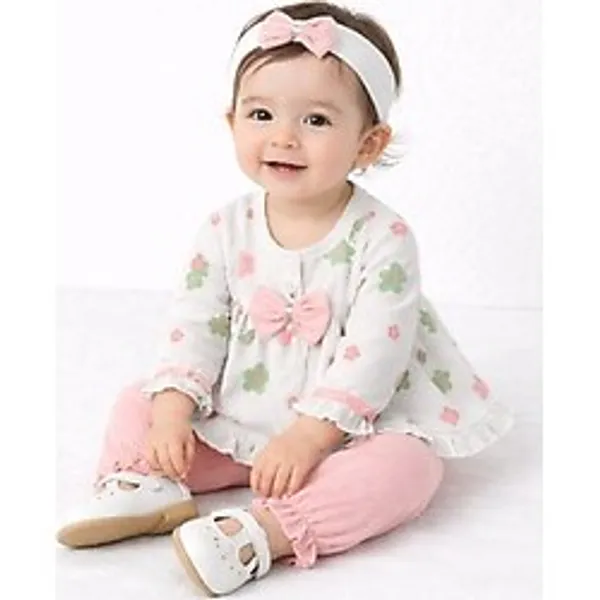Mini Kanka Çiçek Desenli Fırfırlı Kız Bebek 3'lü Takım - Fiyonklu Bluz Pantolon ve Saç Bantlı Set - Şeftali - 8 - 12 Ay