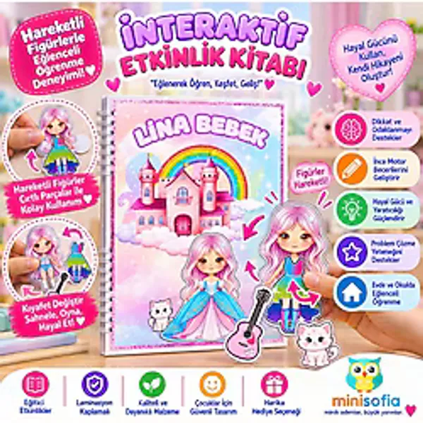 Mini Sofia Lina Bebek Cırt Cırtlı Kağıt Bebek Giydirme Kitabı - Eğitici Quiet Book Aktivite Seti- Montessori Uyumlu