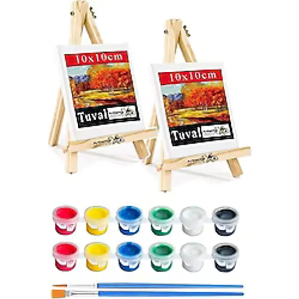 Mini Şövale 10X10 Cm Tuval 3 Ml Akrilik Boya 6 Renk Ve Fırça 2 Adet 10X10 Mini Tuval Masaüstü Küçük Şövale Boyama Seti