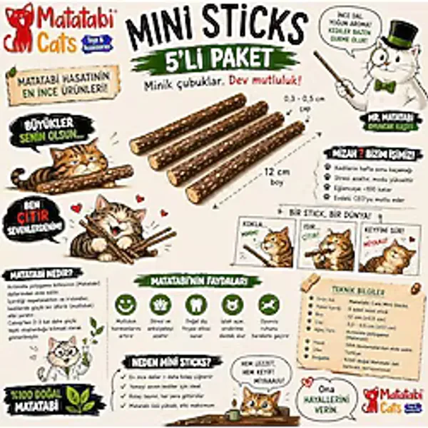 Mini Sticks 5'li Doğal ince Matatabi çubuğu Kedi Oyuncağı İnce Çiğneme Çubuğu Kedi Diş Bakımı 12 cm