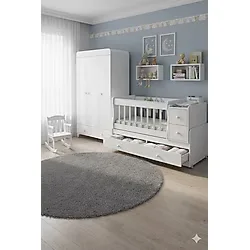Miniboo Bebek Odası Takımı 4 Çekmeceli Büyüyen Anneyanı Sallanır Beşik ve Beşik Üç Kapaklı Dolap - Beyaz