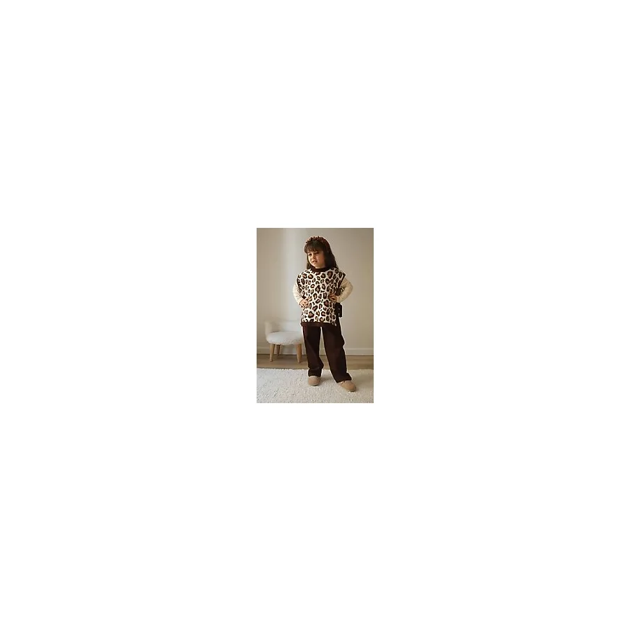Miniğinin Cicileri Triko Leopar Süveter Kız Çocuk Takım - Kahverengi