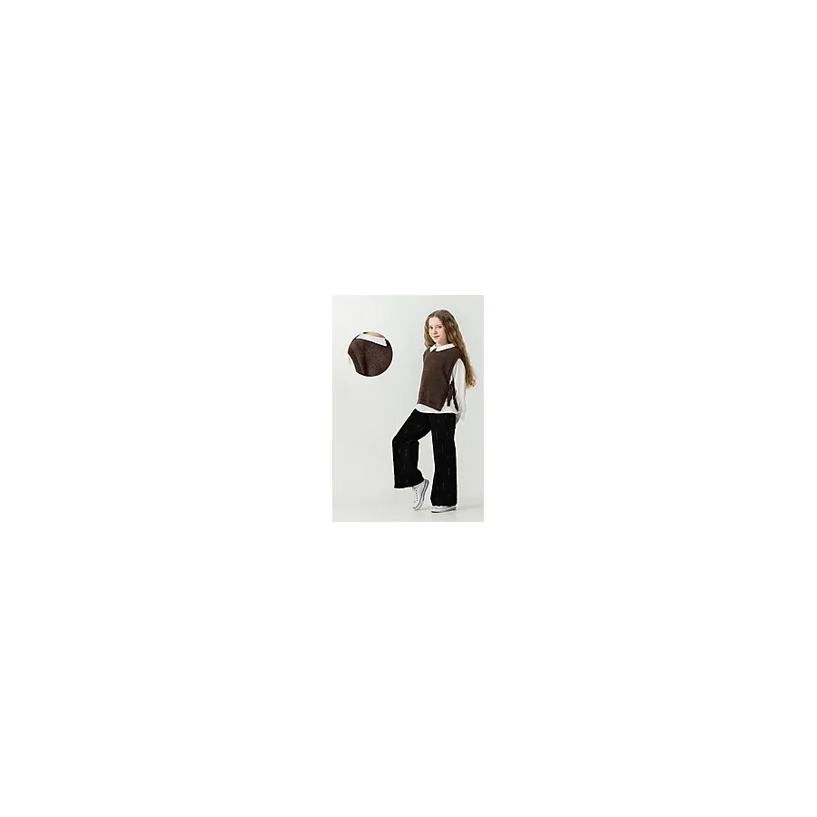 Miniko Kids Kız Çocuk Peluş Süveter Modelli 3lü Pantolonlu Takım - Kahverengi - 9 - 10 Yaş