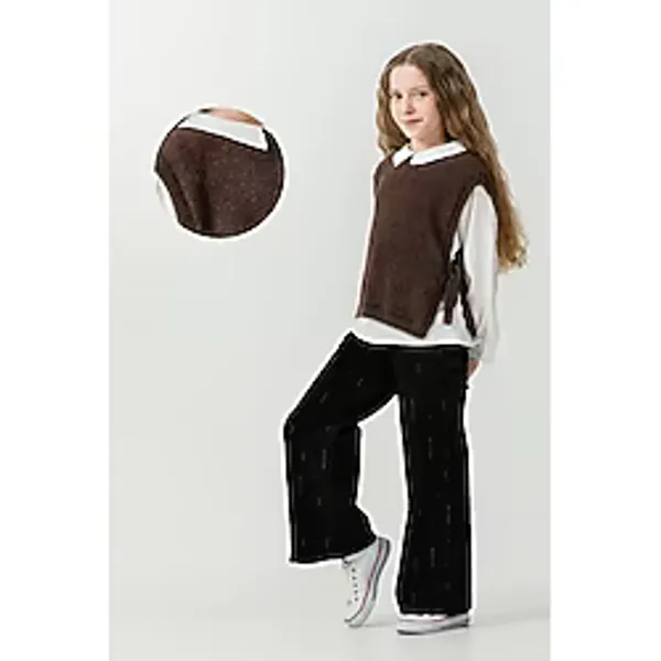 Miniko Kids Kız Çocuk Peluş Süveter Modelli 3lü Pantolonlu Takım - Kahverengi - 8 - 9 Yaş