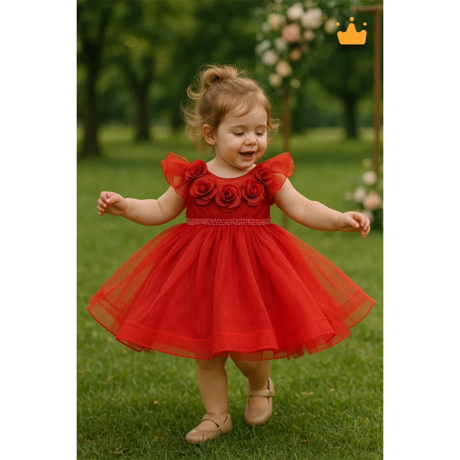 MİNİMONY 2-6 Yaş Gül Yakalı Grenli Kabarık Tül Kız Bebek Çocuk Abiye Elbise Bayramlık Gelinlik Kırmızı 3502