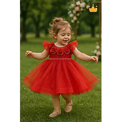 MİNİMONY 2-6 Yaş Gül Yakalı Grenli Kabarık Tül Kız Bebek Çocuk Abiye Elbise Bayramlık Gelinlik Kırmızı 3502