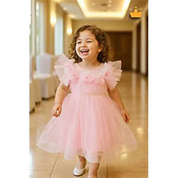 Minimony 2-8 Yaş Gül Yakalı Grenli Kabarık Tül Kız Bebek Çocuk Abiye Elbise Bayramlık Gelinlik Pembe 3502 - Pudra