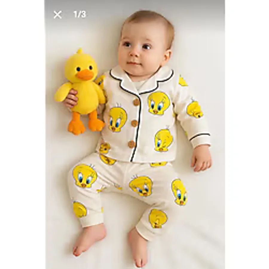 Minipanda Kız Erkek Unisex Lüx Alt-üst 2 Parça Desenleri Canlı Pamuklu Pijama Takımı Ekru Tweety Desenli