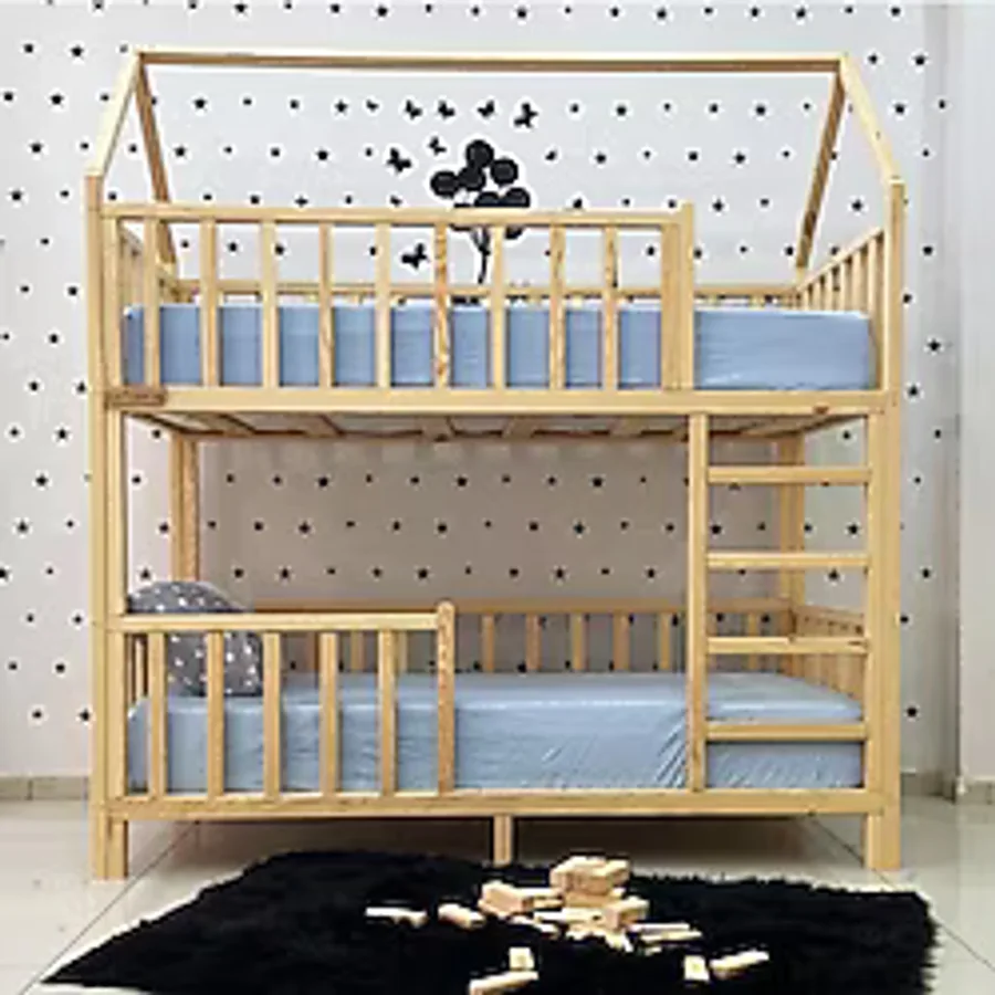MiniWood Montessori Yatak Çatılı Doğal Ahşap Ranza Karyola