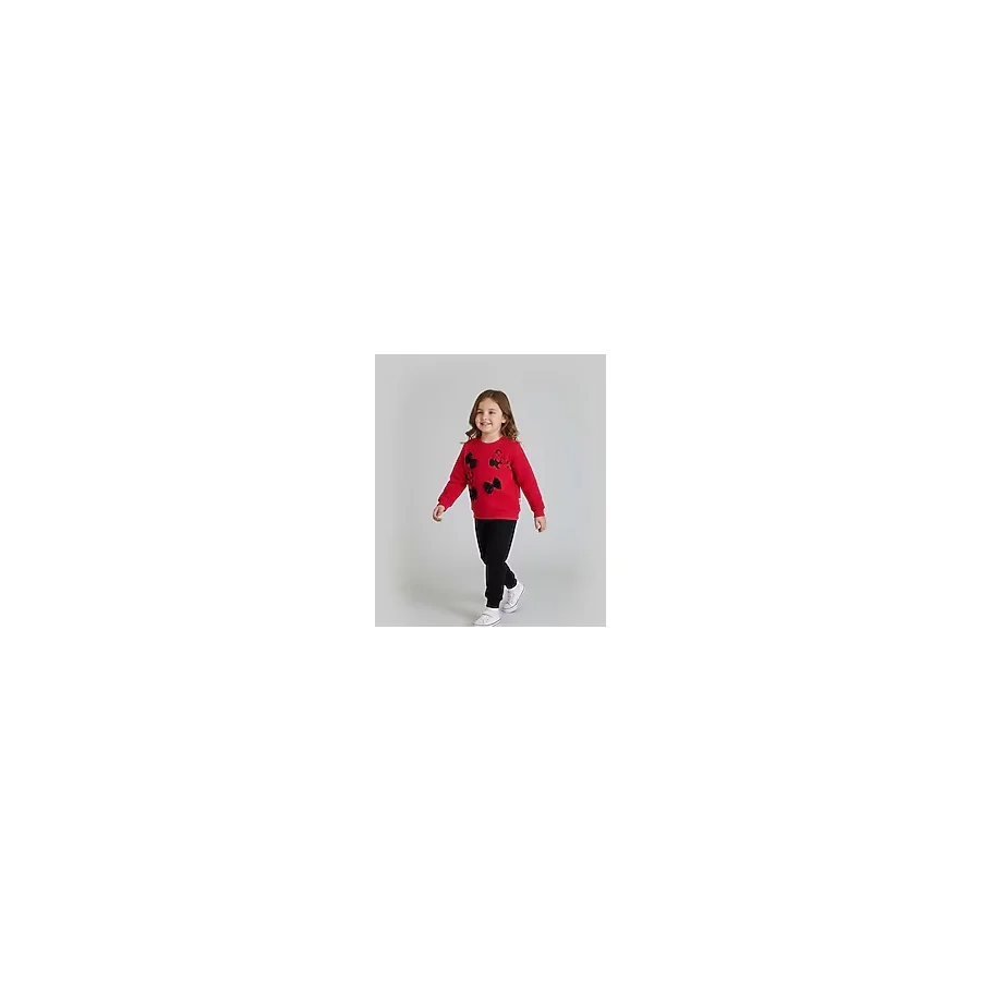 Minnie Mouse Baskılı ve Fiyonk Detaylı Kırmızı 3 İplik Şardonlu Sweatshirt Siyah Eşofman Altı Kız Çocuk Takımı - 3 - 4 Yaş